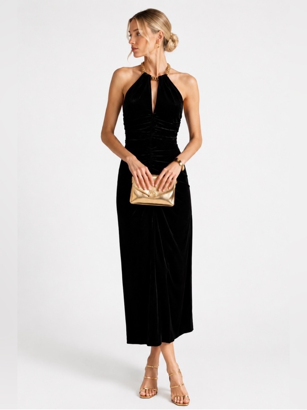 Veronica Beard Josette Velvet Chain Halter Gown Black Women's 2
